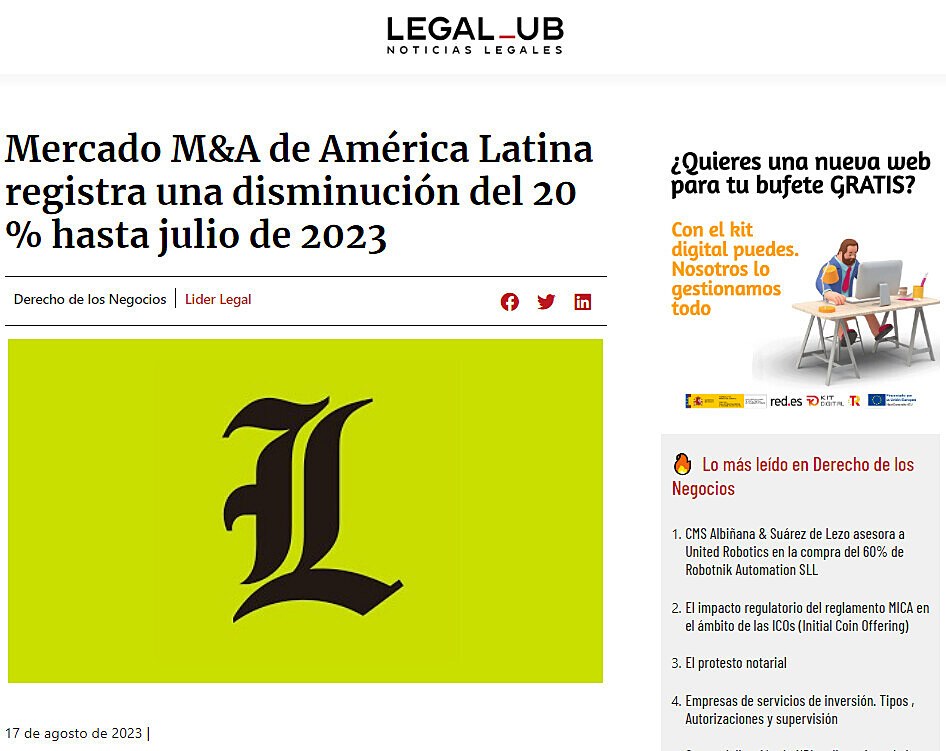 Mercado M&A de Amrica Latina registra una disminucin del 20 % hasta julio de 2023